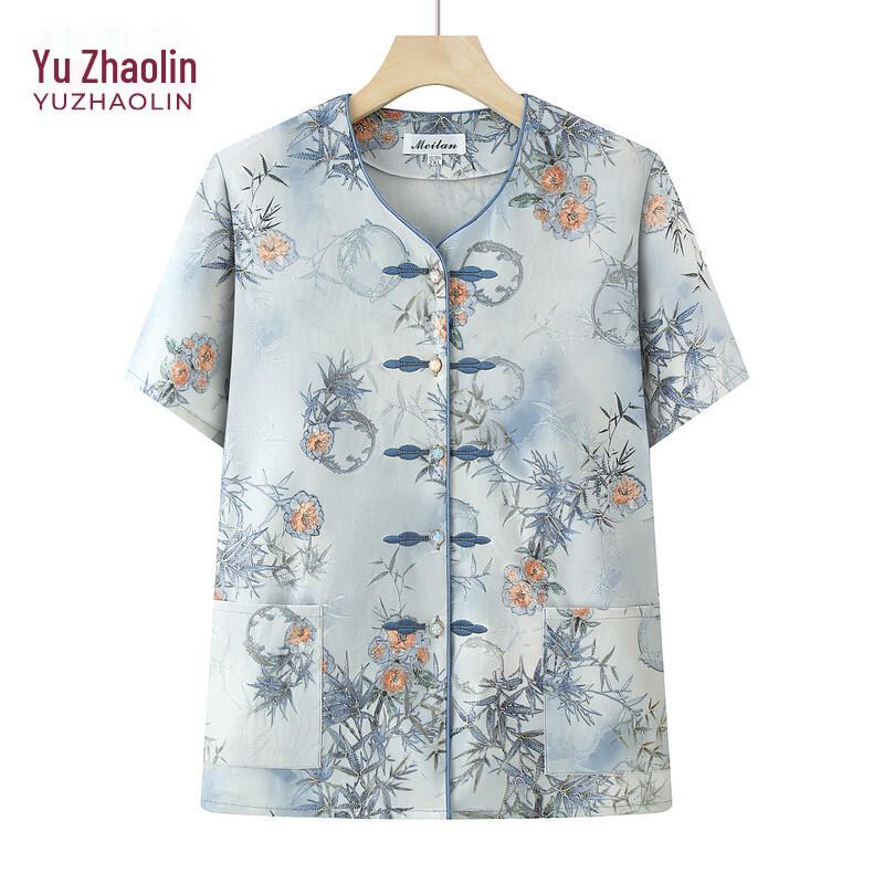 YUZHAOLIN Women s Summer New Chinese Style Floral Short Sleeve Cardigan 2XL