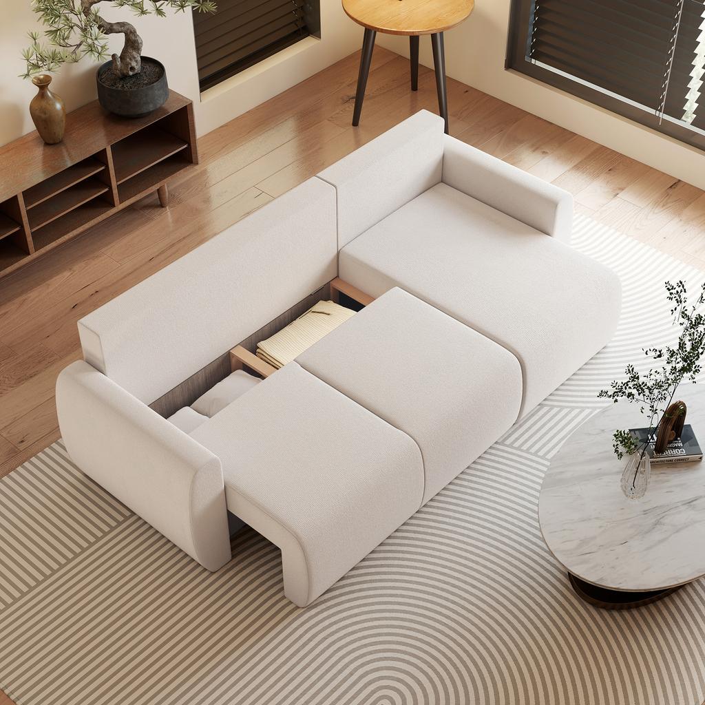 Sleeper Sofa with Reversible Chaise Longue, L-Shaped 3-Seater Sofa with Velour Cover, Cream White