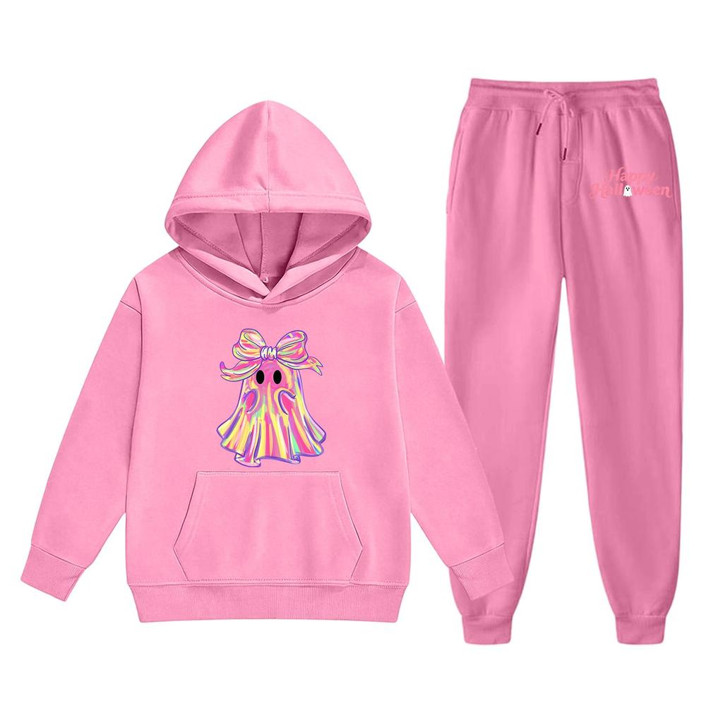 Kids Hooded Sweatshirt and Pants Set Halloween Ghost Print Pullover Long Sleeve Top and Bottom Outfit for Children Casual Wear