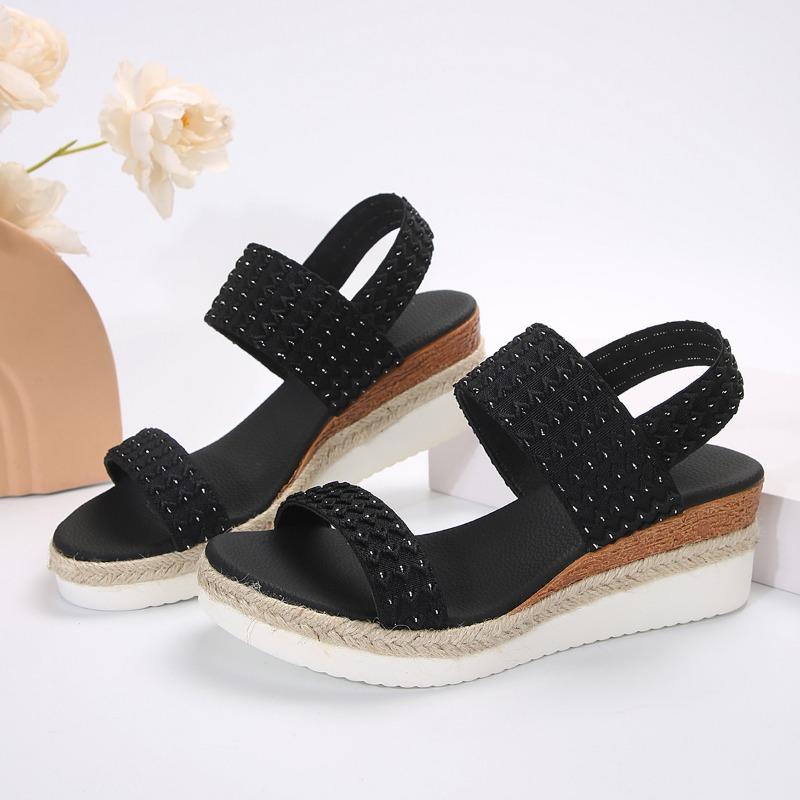 Large size one-word with wedge heel sandals women's buckle thick-soled woven lightweight beach cool slippers