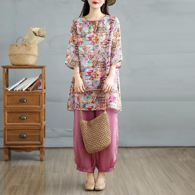 2026 Retro Chinese Style Mid-length Printed Top & Lantern Pants Suit M