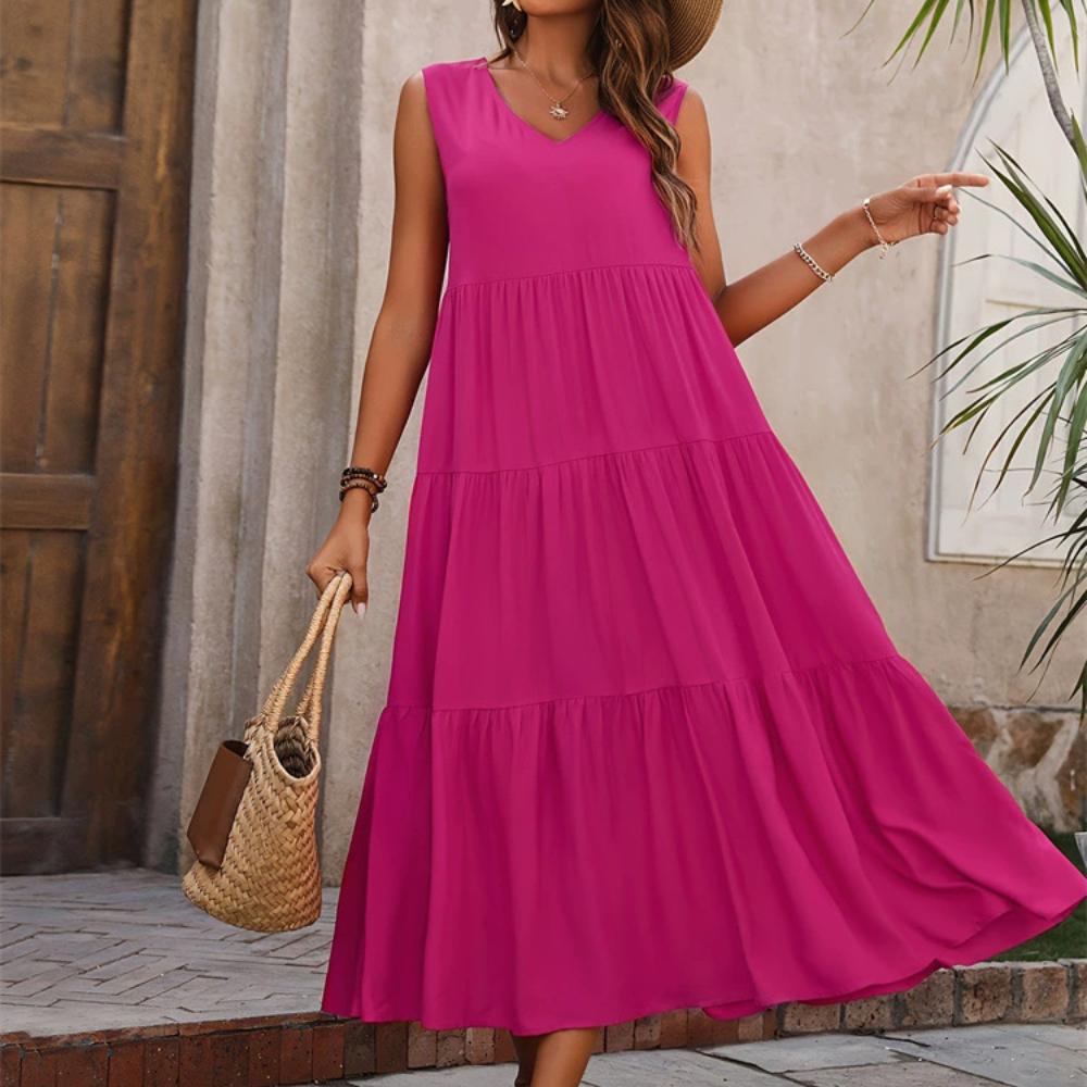 Women's Fashion Summer Spring Dress Loose Sleeveless V-Neck Dress Casual Dresses Soild Color Long Dress