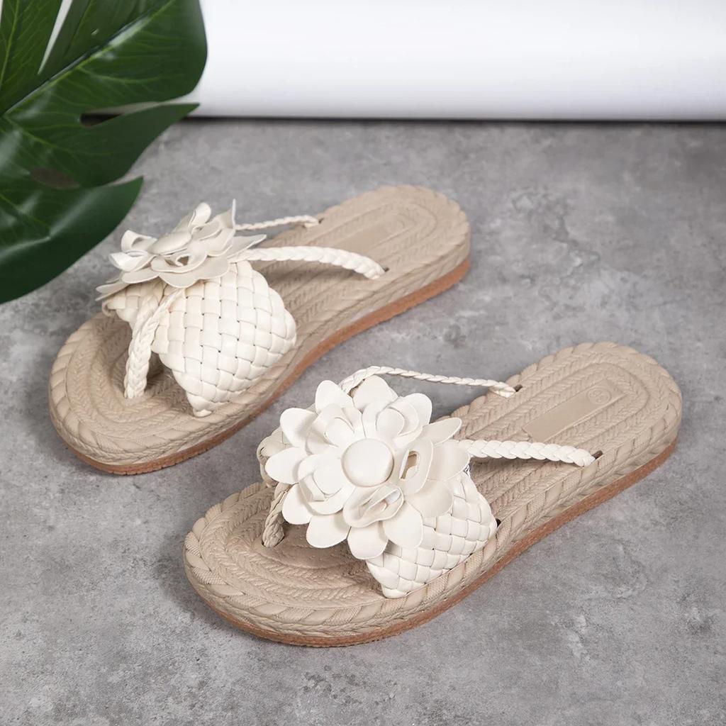 Fashion Summer Floral Braided Flat Slippers Classics Solid PU Leather Women Non Slip Flip Flops Soft Comfortable Beach Sandals Femme