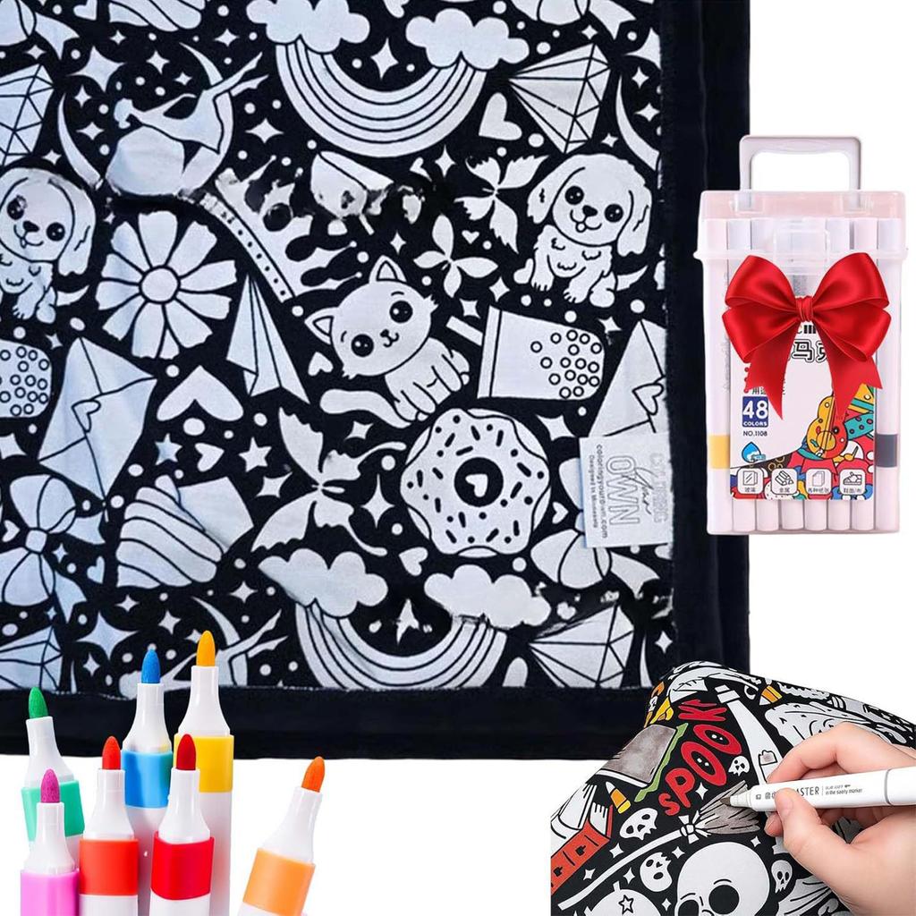 Manta para Colorear DIY con 24 Rotuladores Patrón Creativo de Personalización Manta Lavable Manta de Pintura Artística para Fiesta Navideña