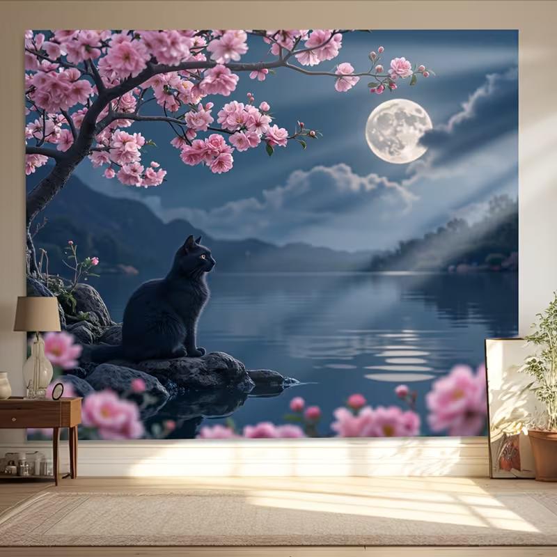 

2D Night Sky Cat Backdrop, Cherry Blossom Moon Lake Party Decor Banner 47.2x31.5inch/120*80cm