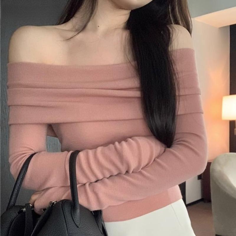 

New Sexy Off Shoulder Elegant Pullovers Women Solid Knitted Thin Slim Basic Sweet Tops Female Korean Fashion Designer Casual Knitwear Jumper 2026 S розовый