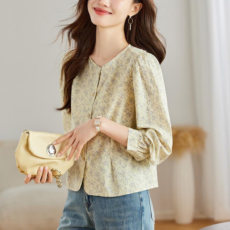 Round Neck Floral Blouse for Women Long Sleeve Spring Clothes Pastoral Style Top Small Sweet Cotton Blouse