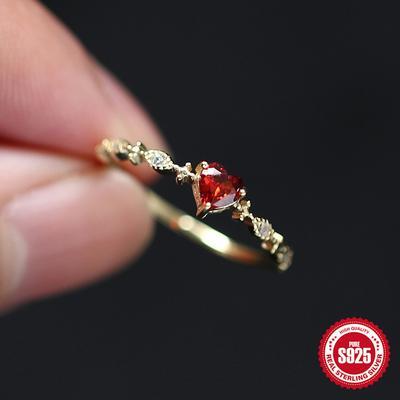 Stylish And Simple S925 Sterling Silver Gold-Plated Women'S Ring Tail Ring Love Ruby Style Elegant Small Fresh