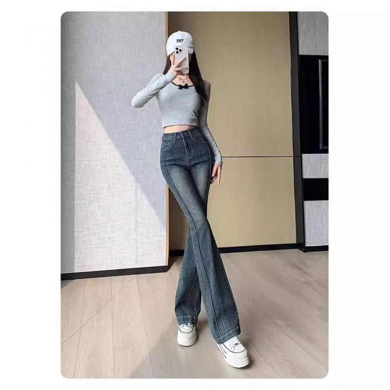 High Waist Stretch Flared Jeans Women Slim Fit Denim Pants With Distressed Detail