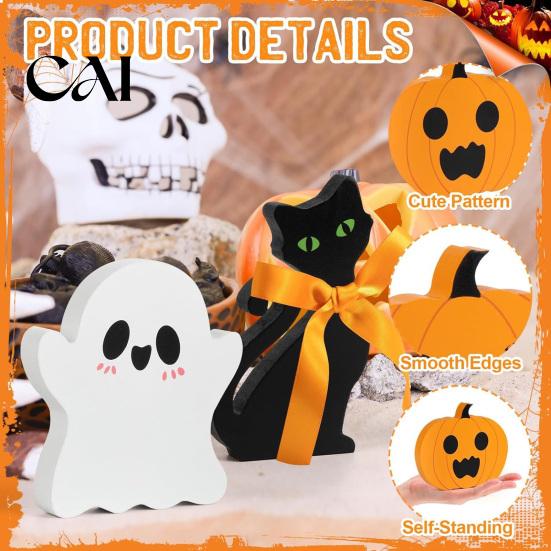 Decorative Wood Pieces for Gatherings 3Pcs/Set Halloween Tiered Tray Decorations, Cute Ghost Pumpkin Black Cat Festive Orange And Tabletop Displays