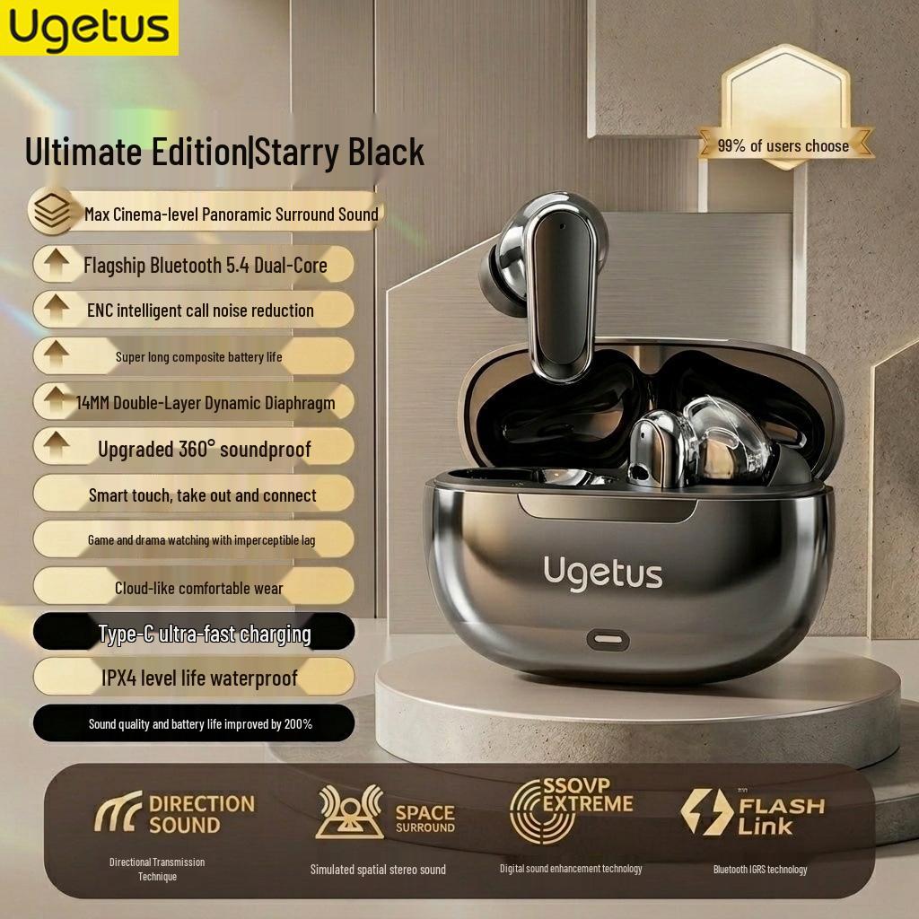 Ugetus Long-lasting Large Battery Noise-Cancelling Wireless Earbuds with 360° Surround Sound and Dual-Sided Stereo.