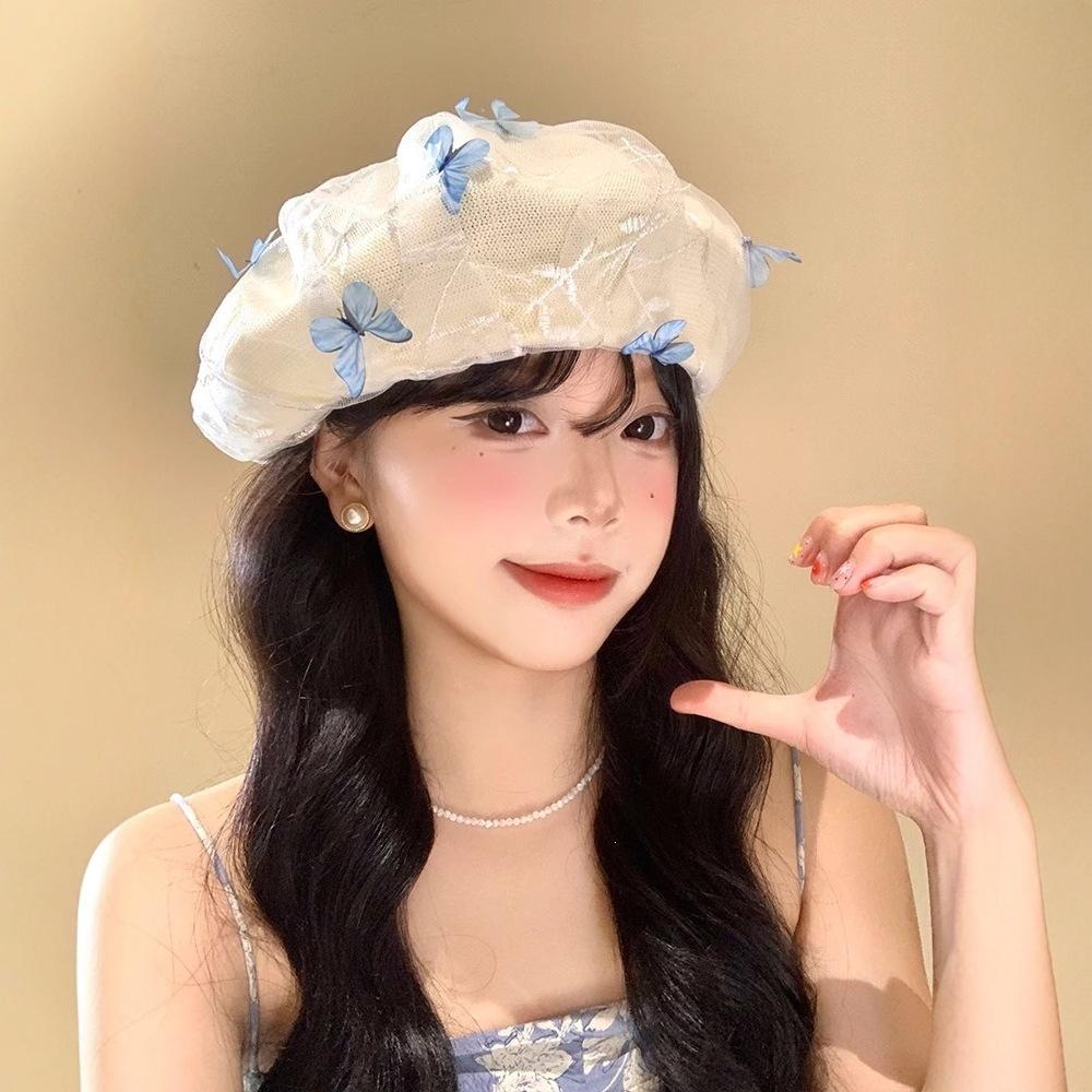 Three-dimensional hat mesh, sweet and cute butterfly beret, children's summer thin knitted face painter hat