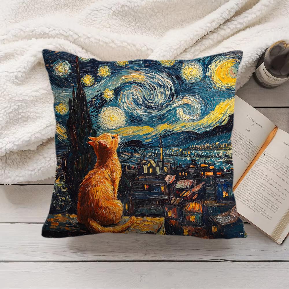 Van Gogh Starry Night Cat Cushion Cover Silky Short Plush Invisible Zipper Dustproof Sofa Pillow Case for Home Decor