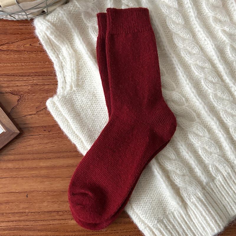 New Year's Wool Pile Socks for Autumn and Winter, Bright Red Warm Cartoon Embroidery Mid-calf Solid Color Striped Twisted Socks for Women