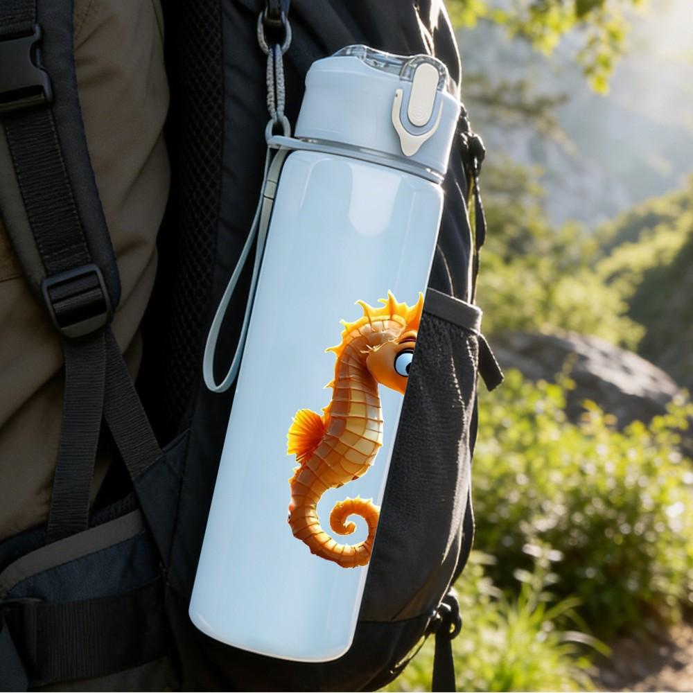 1PC Seahorse Marine Ocean Animal Print 750ml Color Plastic Sports Water Bottle Leakproof Flip Straw Lid Suitable for Sports Office Home Use