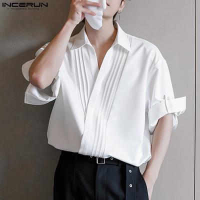 Men Short Sleeve Pleated Shirts Casual Front Cross Solid Tops