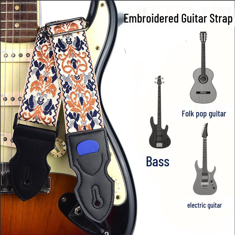 Premium Embroidered Guitar Strap - Thick, Long, and Adjustable for Acoustic and Electric Guitars
