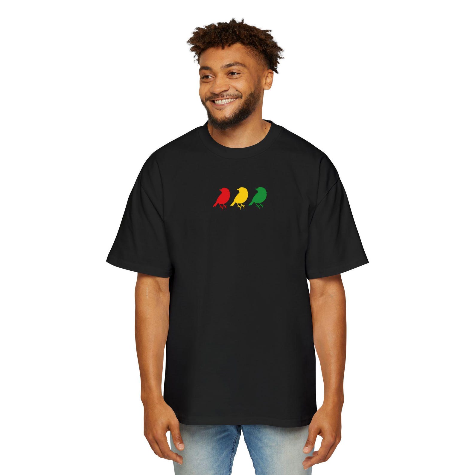 Three Little Birds Jamaican Colors T-Shirt | Nature Bird Graphic, Reggae inspired oversized Tee M