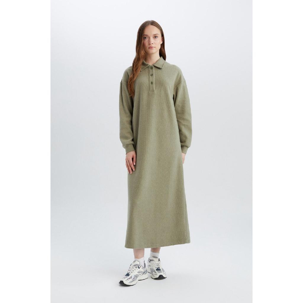 Buttoned Polo Neck Basic Plain Long Sleeve Selanik Fabric Maxi Knitwear Dress B7260ax24wn