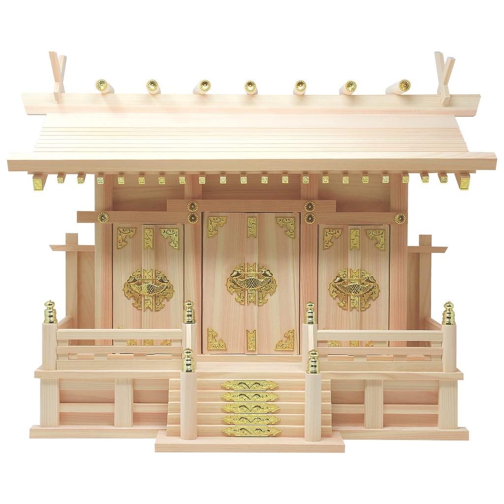 Matsuyama Shinto Buddhist Altar, Three-Shrine, with Cloud Stickers, Made in Japan, Hinoki (Japanese Cypress), 54cm Wide, 40cm High, 21.5cm Deep