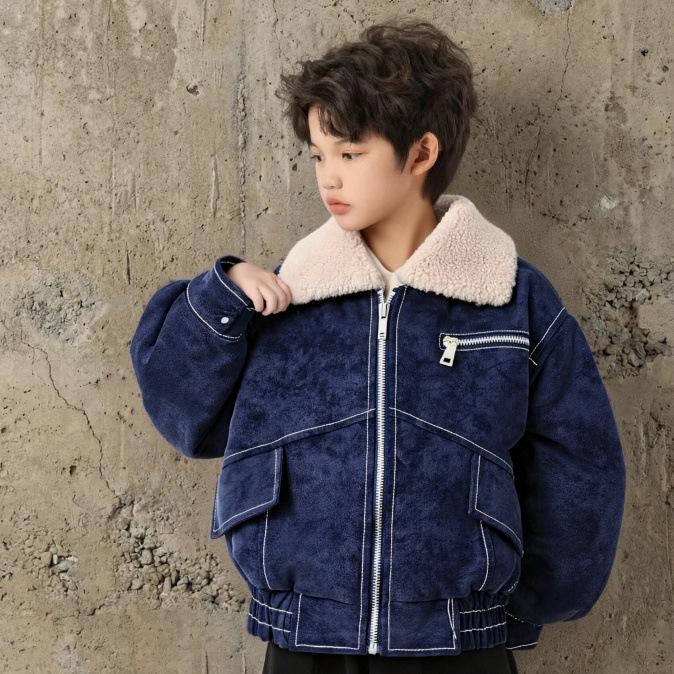 Kids' Fur Collar Leather Jacket with Fleece Lining - Thick Lapel Motorcycle Style for Boys, Winter Fashion.