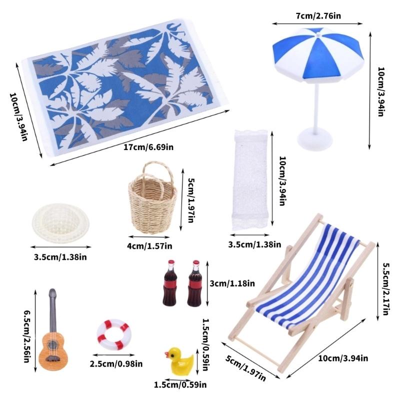 Miniature Seaside Set Doll House Scene Accessory With Wooden Lounge Chair And Sunshade For Kids Imaginative Activity