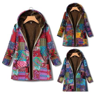 Women Winter Fleece Jacket Vintage Floral Hooded Coat Casual Warm Zipper Outwear Long Sleeve with Pockets