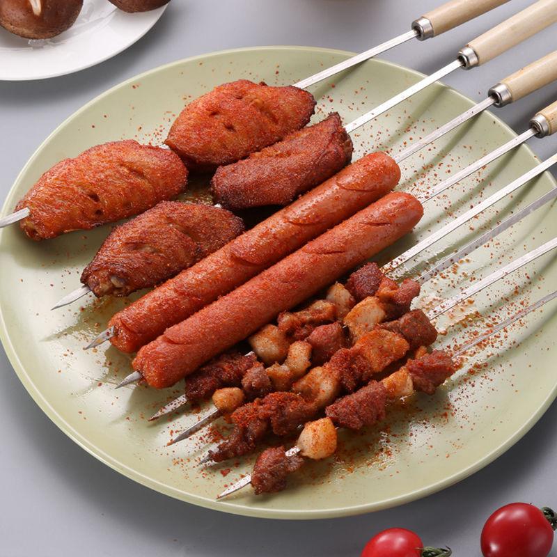 Barbecue Skewers Stainless Steel Barbecue Meat Skewers Iron Skewers Wooden Handles Barbecue Tools