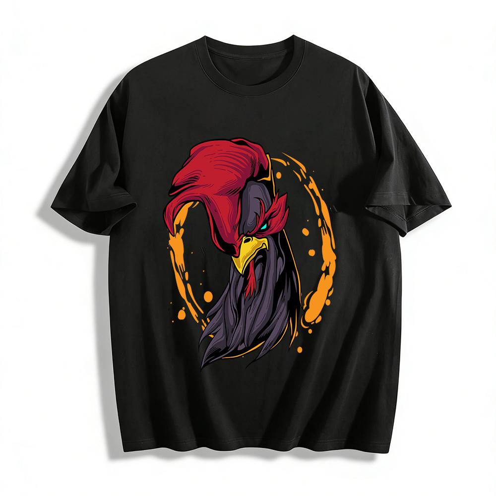 Fierce Fighting Style Rooster Print Trendy Casual Short Sleeve Top Pure cotton T-shirt XXS