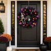 Halloween Front Door Wreath, Artificial Floral Wreath with Black Purpler Leaves Hanging Decoration for Front Door Entryway Wall