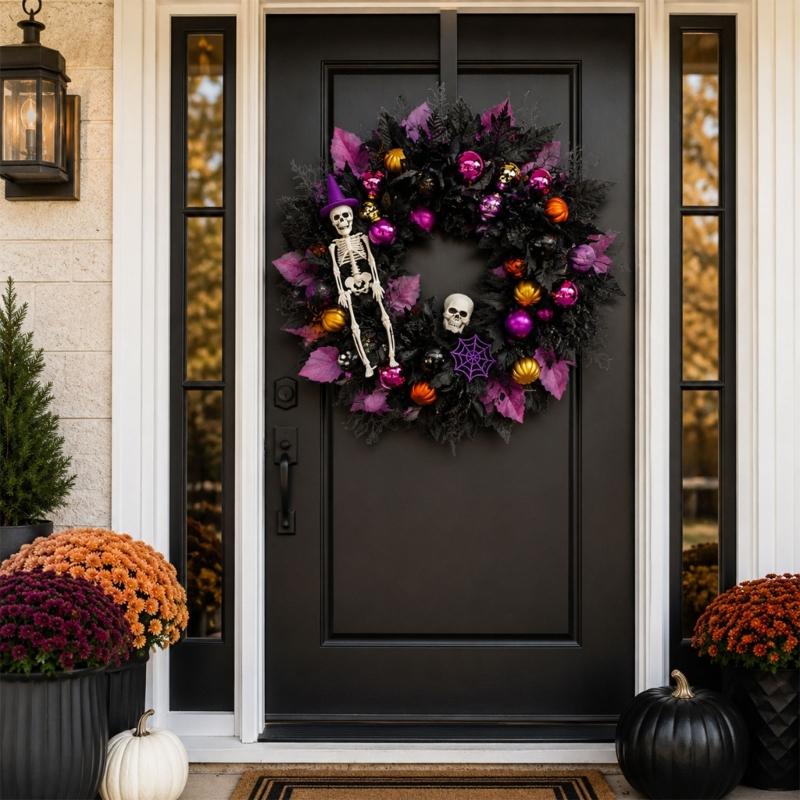 Halloween Front Door Wreath, Artificial Floral Wreath with Black Purpler Leaves Hanging Decoration for Front Door Entryway Wall