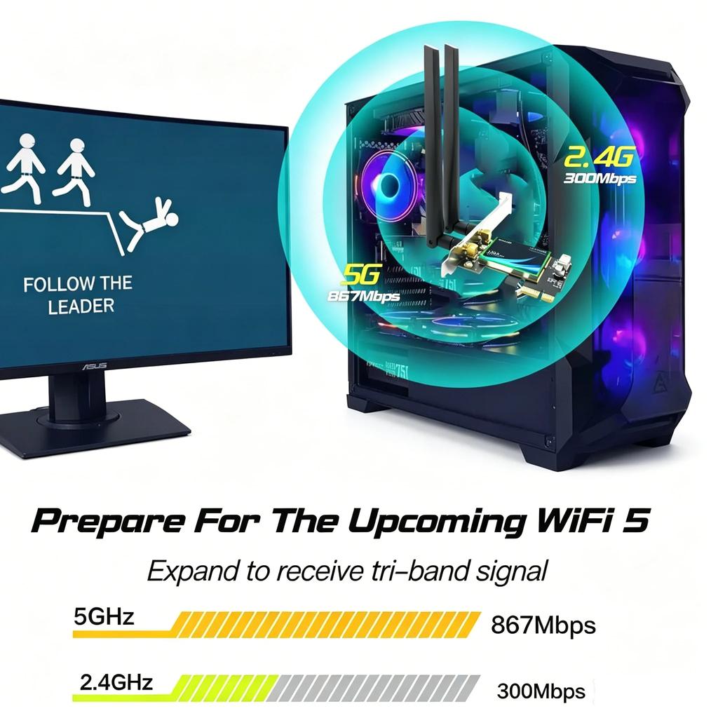 KEBIDUMEI Adattatore Wireless WiFi 5 AC1200 PCI-E BT4.1 Dual Band 2.4G/5GHz 802.11AC Scheda di Rete PC Desktop Per Windows 7/10/11
