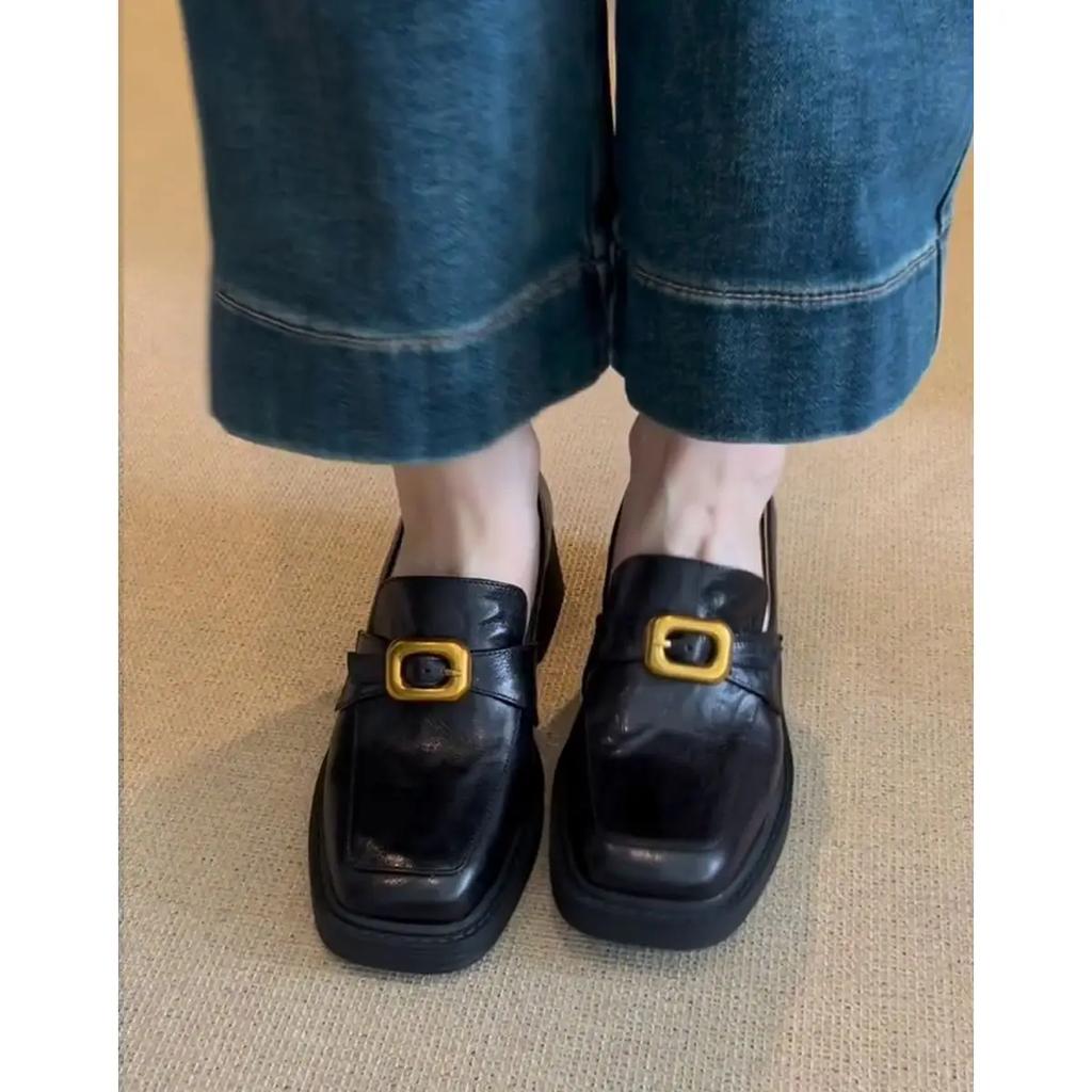 Fashion French Retro High-heeled Loafers for Women Simple Thick Heel Metal Buckle Shallow Mouth Single Shoe Heels Women Zaptos Mujer