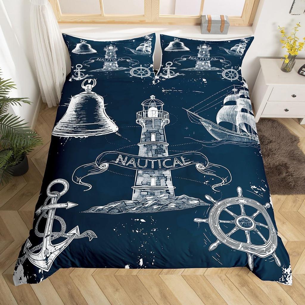 Vintage Anchor Duvet Cover Twin King, Nautical Theme Bedding Set Sailing Boat Sea Turtle Bed Cover, Compass Starfish Quilt Cover