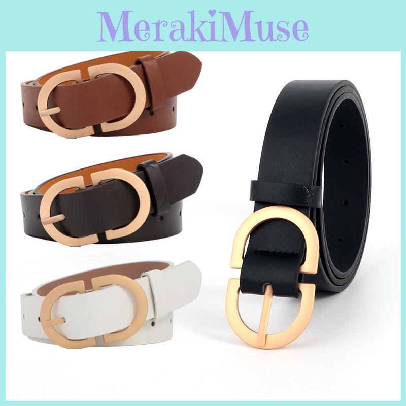 Womens Dress Classic Belt With Elliptical Gold Buckle And Detail Perforated