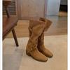Height Increase Of 7Cm~ Large Long Legs, Pointed Round Head, Crossed Strap, Thick High-Heeled Knight Boots, New Versatile Medium Boots For Women