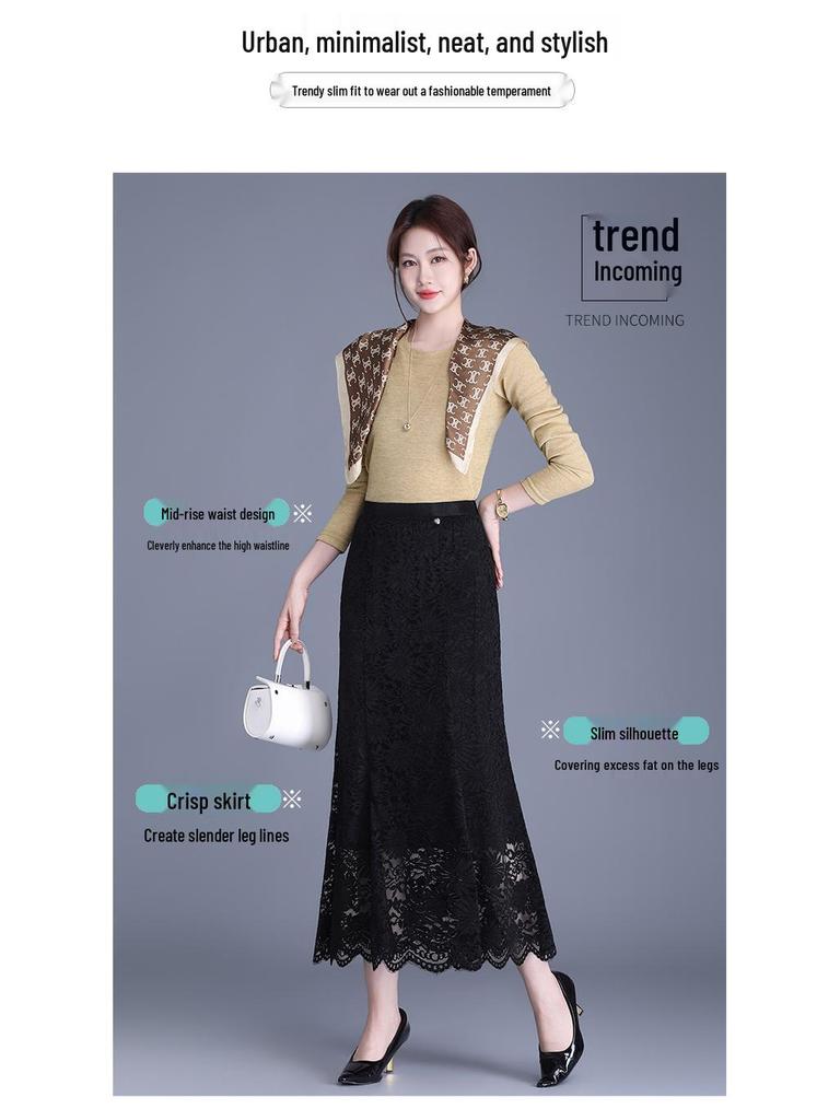 Black Lace Floral Mermaid Midi Skirt - 2026 Spring High-Waist, Slimming, Hip-Hugging Design