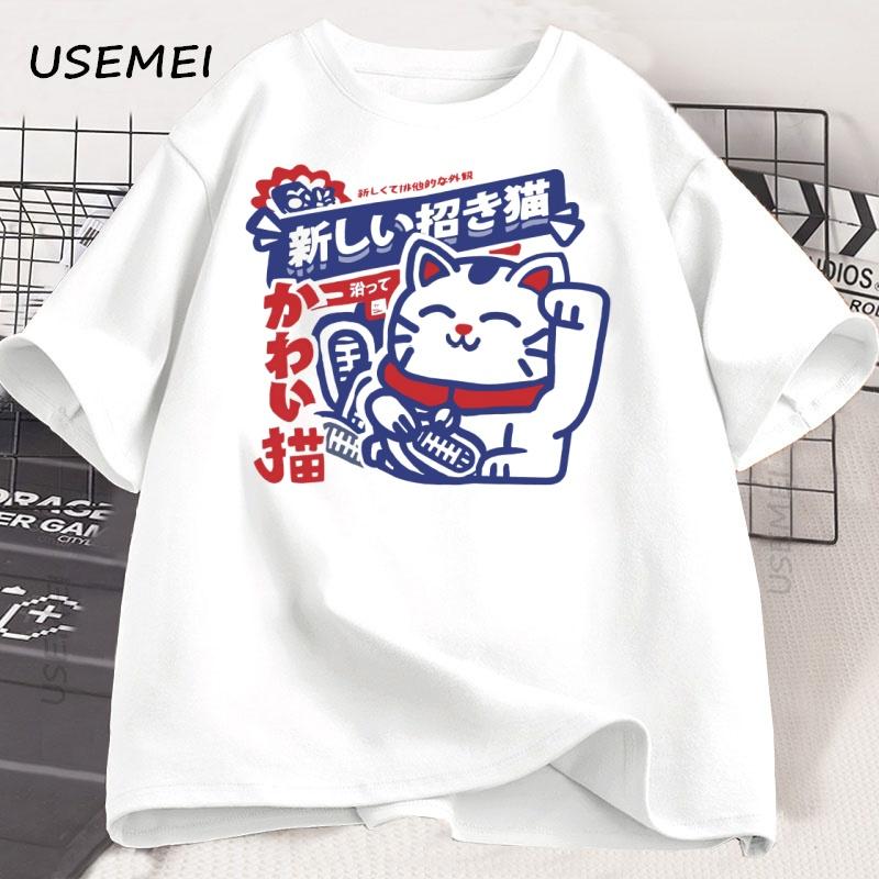 Kawaii Anime Cat Printed T-Shirt Japanese Style Cotton Tshirt Soft Breathable Round Neck Short Sleeve Tee Unisex Streetwear