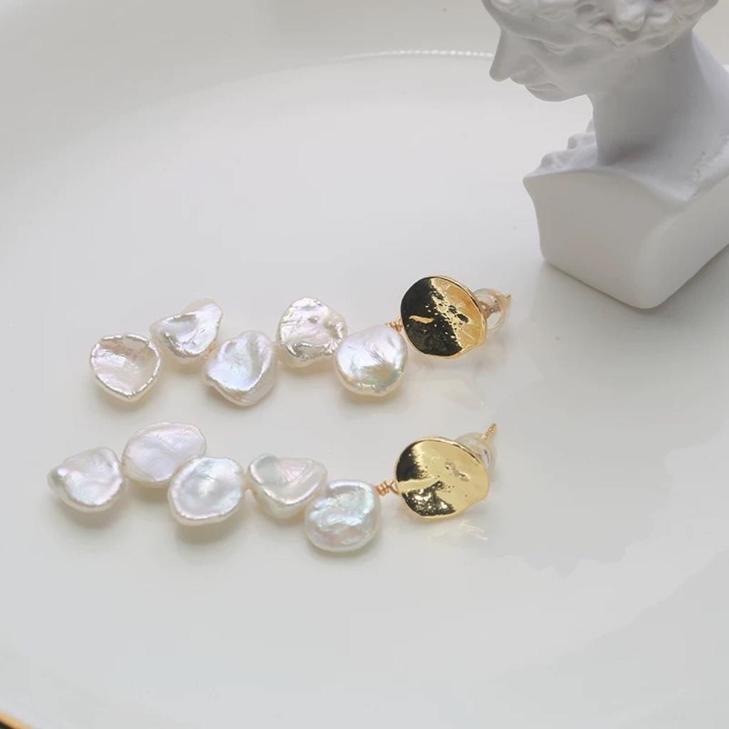 Keshi petals natural freshwater irregular shaped baroque broken silver pearl earrings French stud earrings