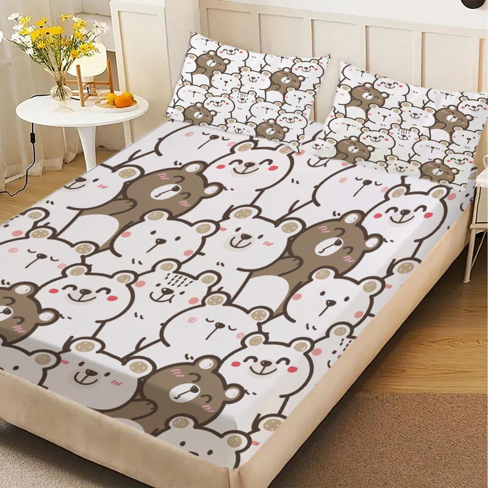 

3pcs Fitted Sheet Set Cute Bear Pattern Print Design Bed Sheet Durable With Pillowcases For Bedroom Decor 150x200x25cm