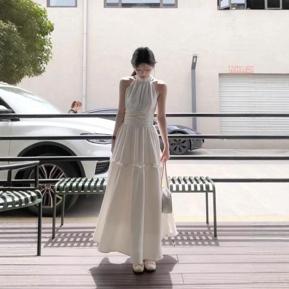 Sweet temperament gentle sleeveless dress summer new waist temperament hanging neck thousand gold wind thin dress