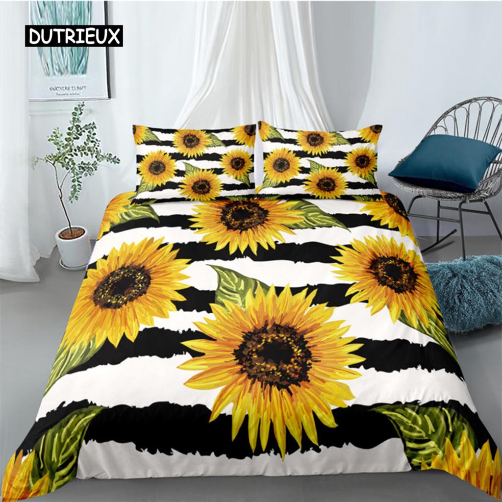 Duvet Cover Sunflower Yellow Flower Bedding Set Farmhouse Green Leaves Floral Quilt Cover for Women Girl Bedroom Decorations