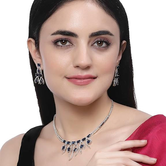 Collier contemporain clouté de diamants américains plaqué rhodium avec boucles d'oreilles, ensemble de bijoux pour filles et femmes