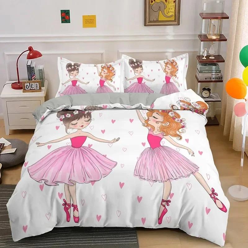 Ballet Dancer Girl Cartoon Dancing Comfortable Duvet Quilt Cover Pillowcase Bedding Set Children Bedroom Decoration Home Textile