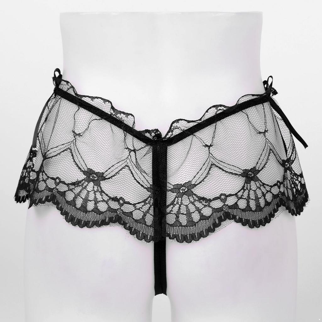 Men's Mesh Sheer Lace Skirted G-String Thong Sissy T-Back Briefs Bowknot Underwear