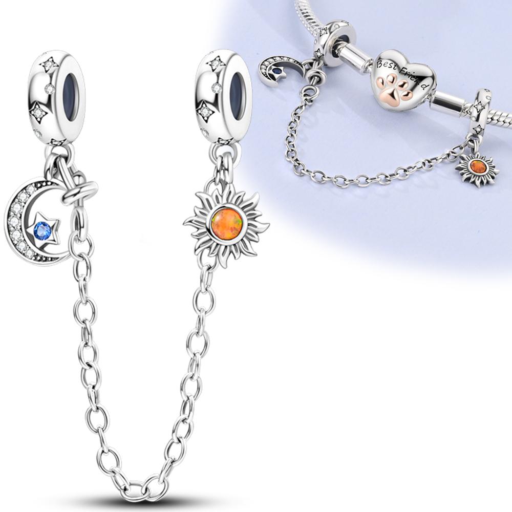 Plated 925 Silver Sun Moon Star Openwork Safety Chain Charms Fit 925 Charms Bracelet Beads Jewelry Gifts for Women