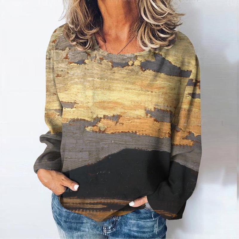 Women's T-shirts Natural Scenery Print Long Sleeves T Shirt Fall Casual Women Clothing Daily Loose Vintage Streetwear Pullover