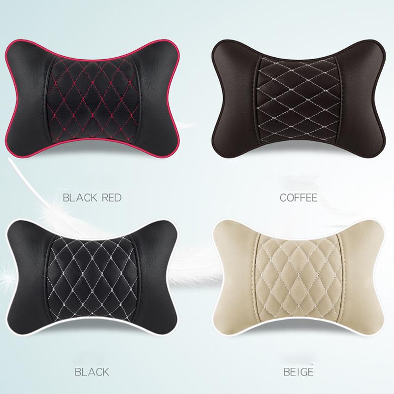 2pc Luxury Car Headrest Neck Pillow Pu Leather Quilted Plaid Soft Comfortable Breathable Pillow Cushion Car Interior Accessories