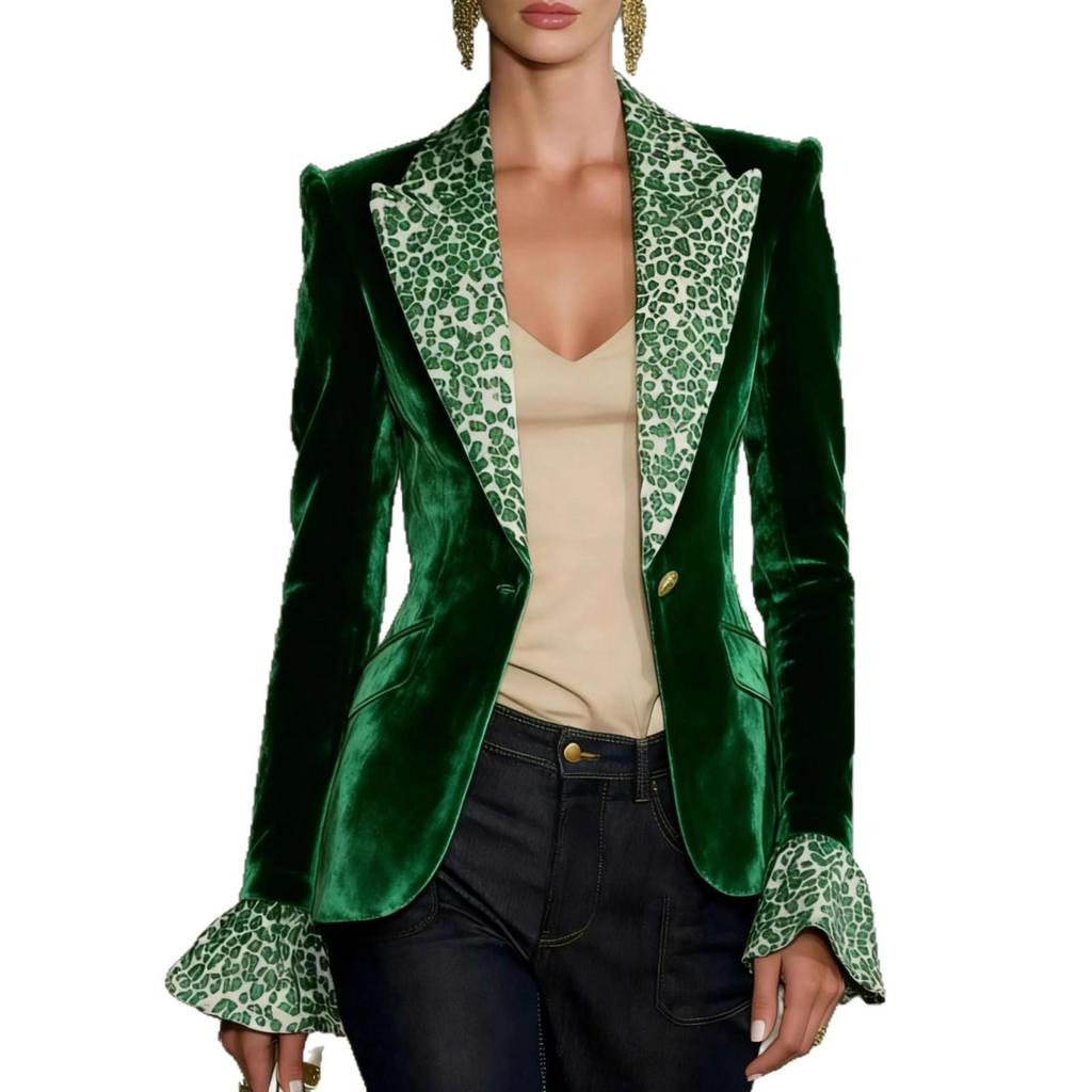 Multi-color Leopard Print Velvet Suit with Bell Sleeves and Faux Pockets - Women's Fashion
