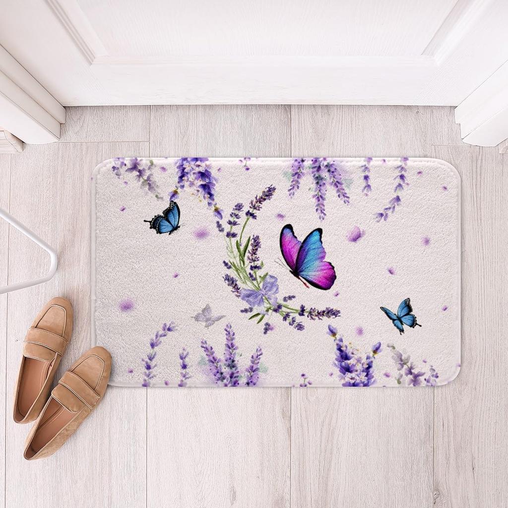 Purple Flowers Rug Watercolor Lavender Carpet Romantic Floral Doormat for Girls Teen,Wild Country Style Garden Flower Floor Mat